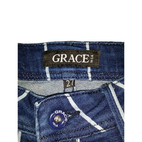 Grace‎ In LA Jeans Women Sz 27 Pinstripe Flare Frayed Bell Bottom Denim Boho - Picture 6 of 9